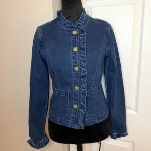 Draper James RSVP Blue Denim Jacket Ruffle Trim Buttoned Front Women's SZ XS
